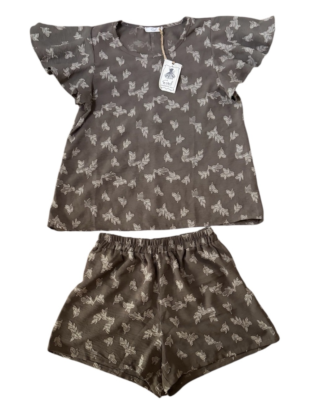 easel Set Brown Floral-Leaf Flutter Sleeve Top and Stretchy Shorts Loungewear